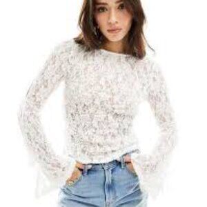 ASOS Design Slash Bell Sleeve Bow Detail White Lace Women's L Y2K Pullover Top